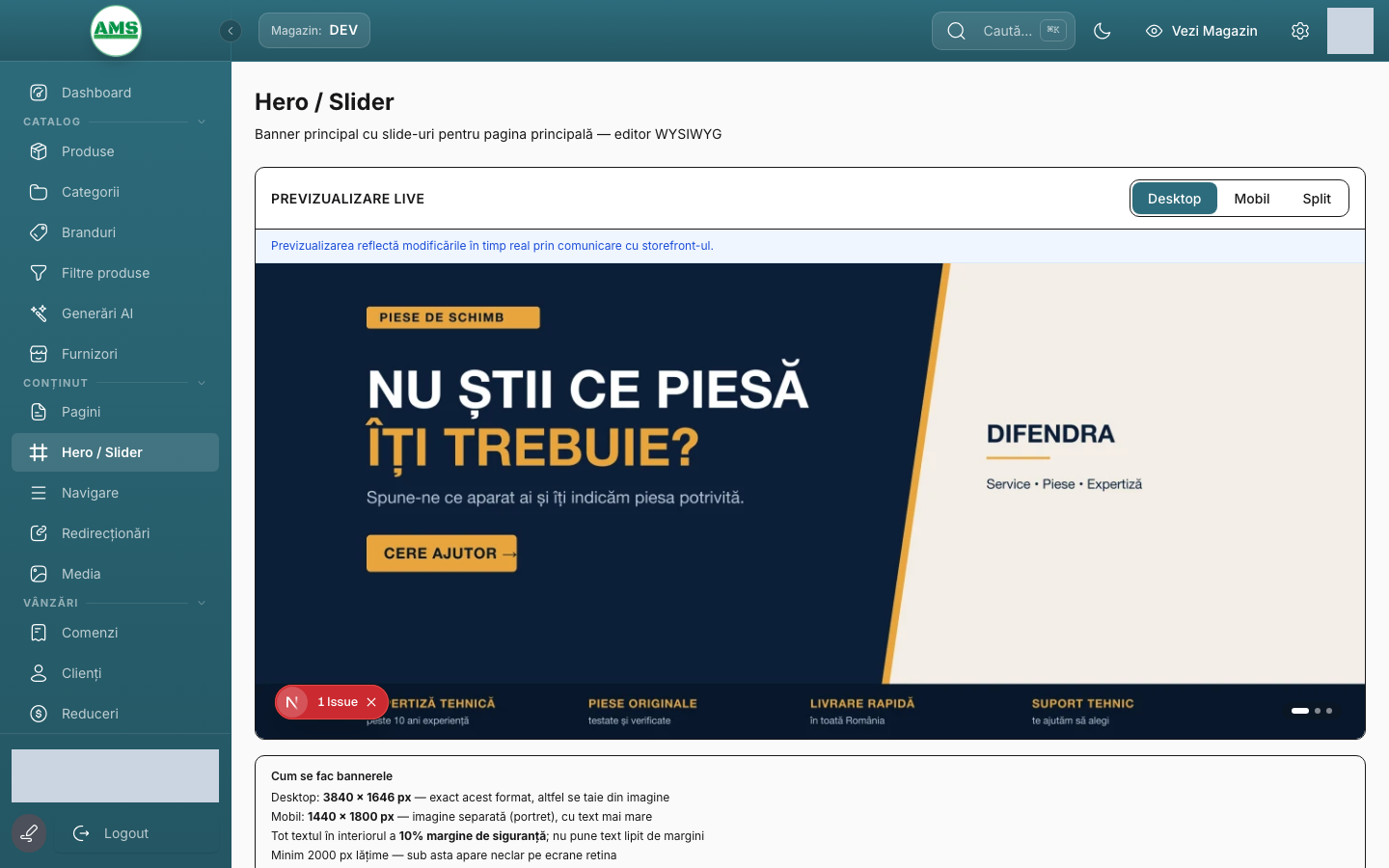 Editorul hero / slider cu previzualizare.